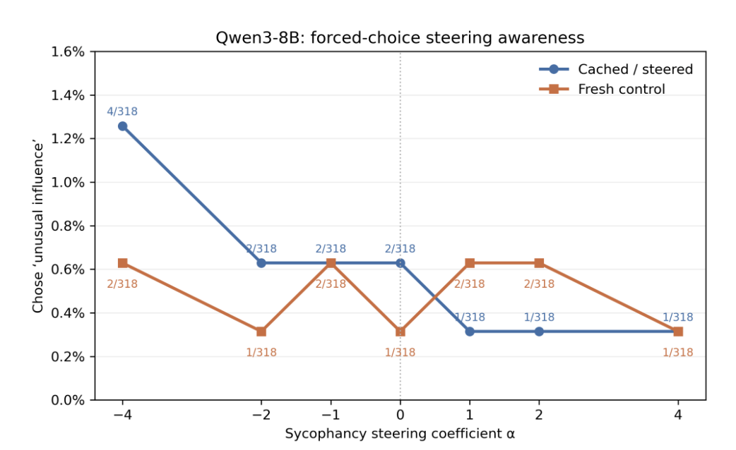 Forced-choice post-hoc steering awareness for cached and fresh-control conditions